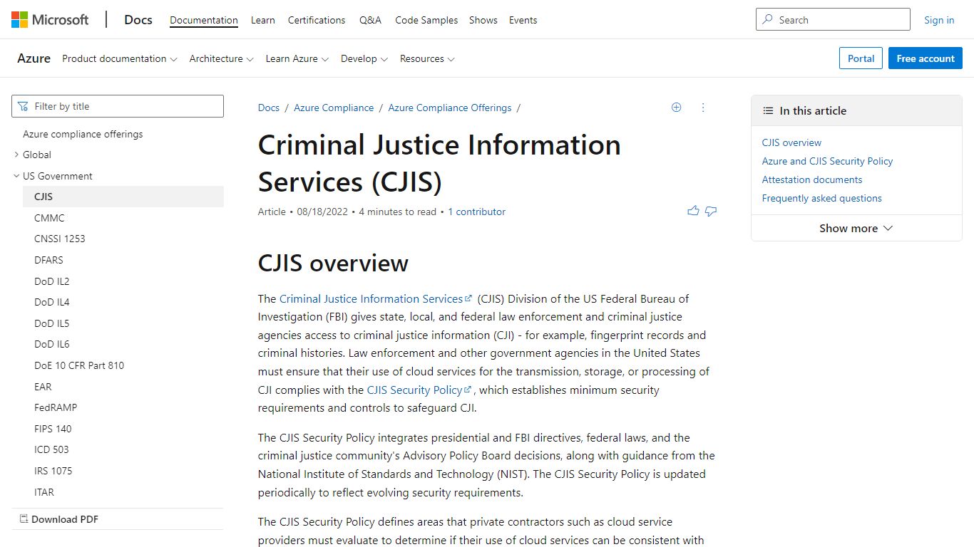 Criminal Justice Information Services (CJIS) - Azure Compliance